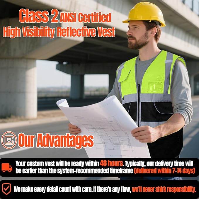 BeautyWill Custom Safety Vest Customized Logo Class 2 High Visibility Reflective Vest with Pockets Construction workwear