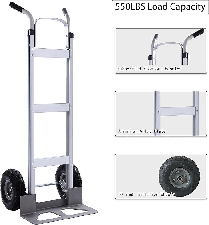 LEADALLWAY Aluminum Hand Trucks Heavy Duty with 10“ Rubber Inflatable Wheels,2 Wheel Dolly 550lbs Capacity
