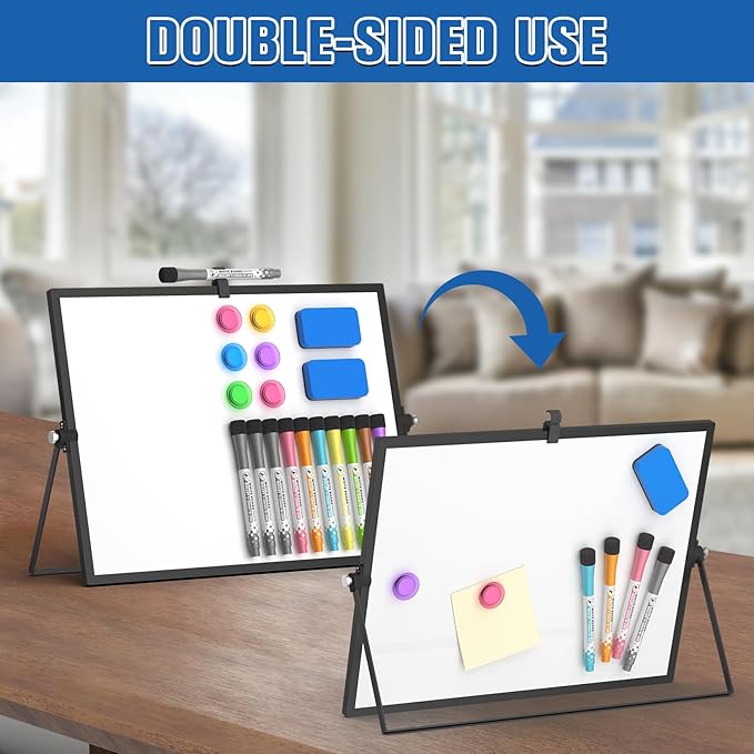 Grtard Dry Erase Magnetic White Board, 16''x12'' Double-Sided Desktop Whiteboard with Stand, Portable Small Whiteboard Set, Dry Erase Board for Drawing, ToDo, Office, Home, School(Black)
