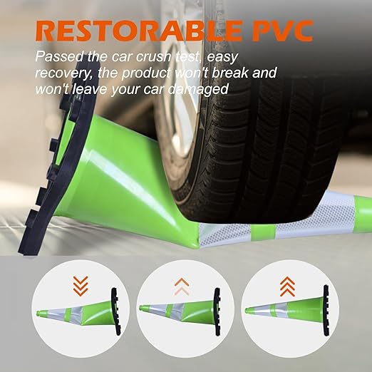 28 inch Traffic Safety Cones Road Cones, Construction Cone with Rubber Base & Reflective Collars, Restorable Parking Cones, Heavy Duty Road Cones for Traffic Control & Road Safty(Green-8 Pack）