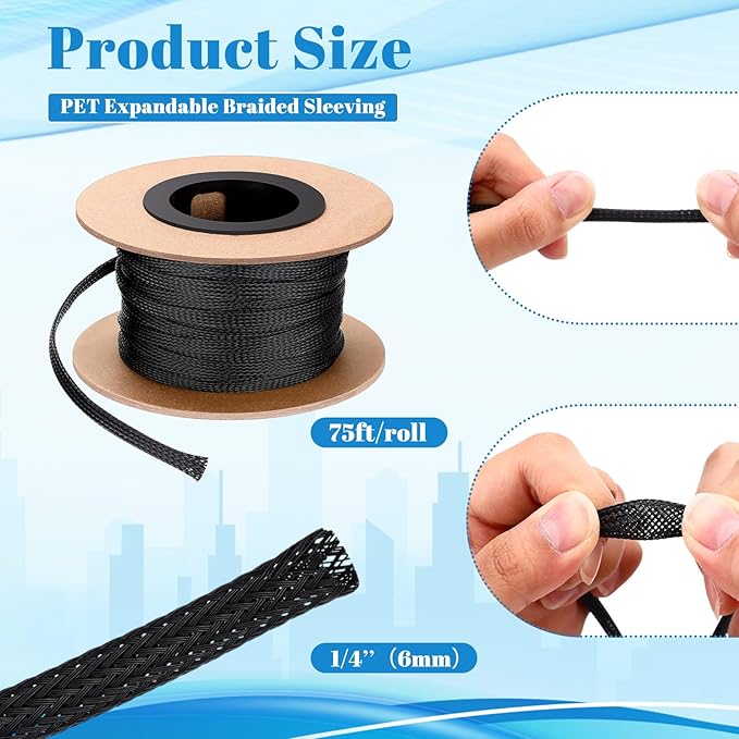 Pangda 75 Feet 1/4 Inch Wire Loom Pet Expandable Braided Sleeving Braided Sleeve for TV, Computer, Home Theater (Black)