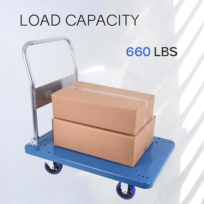 Doppy Flatbed Cart, 660lbs Heavy Duty Capacity Platform Hand Truck 360 Degree Swivel Wheels Foldable Push Hand Cart for Loading and Storage, Warehouse (Blue)