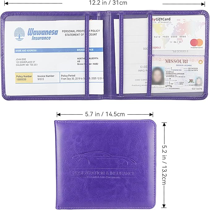 Car Registration and Insurance Holder, Premium Pu Leather Vehicle Glove Box Organizer - for Driver License, Cards & Essential Documents (S-Purple)