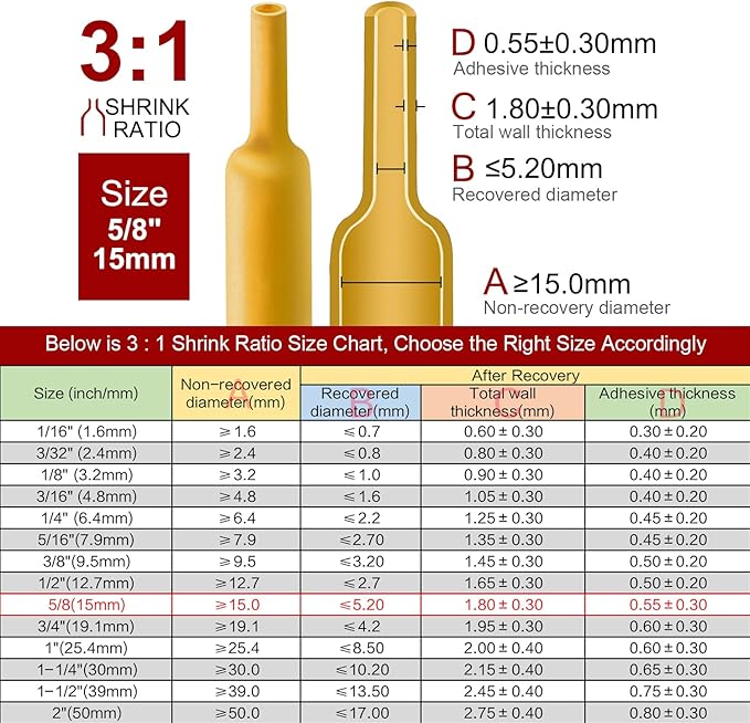 Chanzon 3:1 Ratio - 80ft Roll - Heat Shrink Tubing 5/8" (15mm) - Marine Grade Waterproof Adhesive Lined - (25M Total Length) Yellow Polyolefin Sleeving Wrap Shrinking 3 to 1 Ratio 1pcs