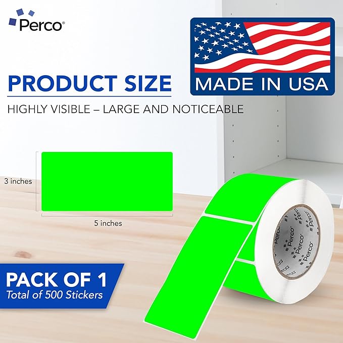 Perco Fluorescent Green Labels 3x5 Inch 500 Stickers/Roll with Easy Peel Perforation and Strong Adhesion for Inventory Management, Color Coding, Moving Boxes, Retail, Organizing & Crafts – Made in USA