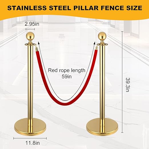 8 PCS Stainless Steel Stanchion Post,5Ft Red Velvet Rope, Hollow Base and Velvet Ropes Safety Barriers Set, Poles Crowd Control Barriers for Red Carpet Themed Decoration (8)