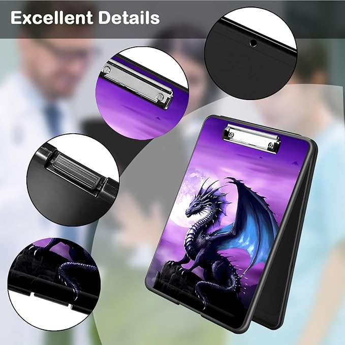 Clipboard with Storage,Office Supplies Nursing Clipboards Folder with Pen Holder Plastic Foldable Clip Board with Storage for Nurse Teacher,Purple Dragon