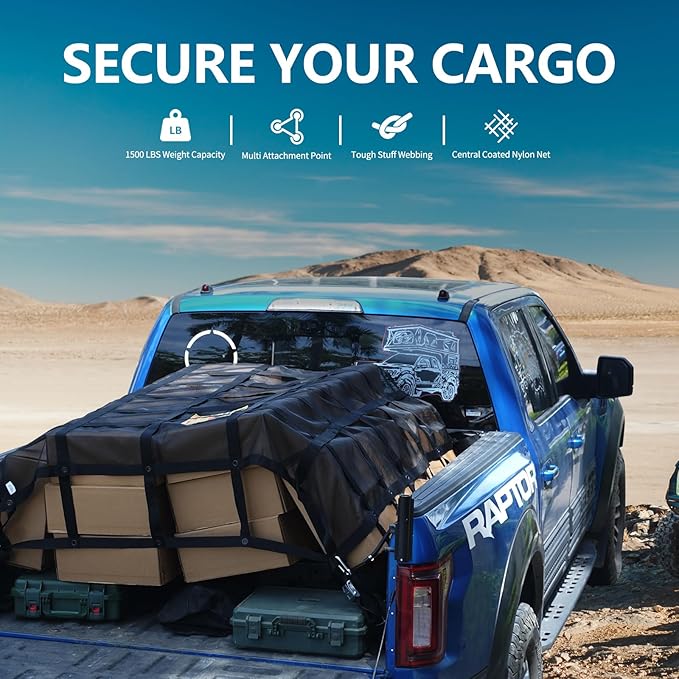 Tecoom Heavy Duty Cargo Net for Pickup Truck Bed, 4.86'x5.12' Adjustable Cam Buckles & S-Hooks & Cross Strap, 1,500 lbs Capacity Cargo Net Truck Accessory (58"x61")
