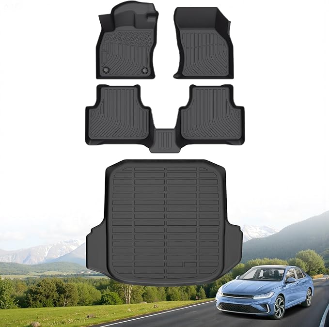 Hutisya-Floor Mats & Cargo Liner Set Fit for Volkswagen Jetta 2019-2025 All Weather Protection Anti-Slip & Durable TPE Full Set Liners Automotive Accessories-Black