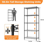 Storage Shelves,21.3" W x 11.8" D x 58.5" H Wire Shelving Unit Loads 550LBS,5-tier Adjustable Metal Utility Shelf,Garage Shelves with Liner and Hooks,Home Storage Rack for Kitchen,Laundry,Pantry