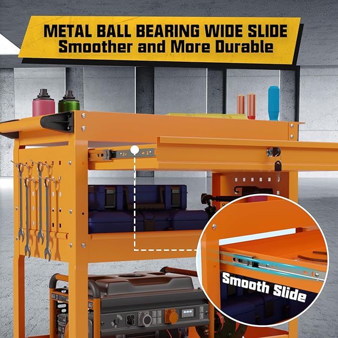 3 Tier Rolling Tool Cart on Wheels, 450 LBS Capacity Tool Cart with Drawers, Heavy Duty Rolling Utility Carts on Wheels, Rolling Tool Work Carts for Garage, Warehouse and Repair Shop,Orange