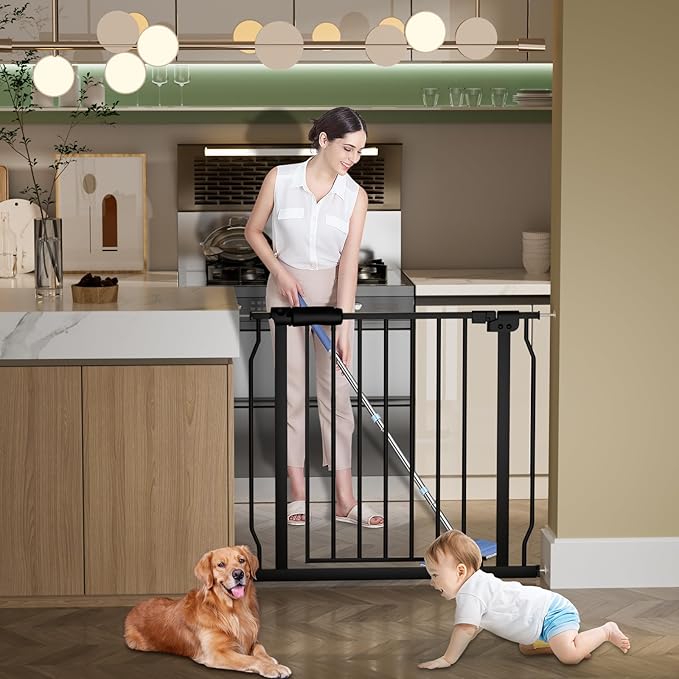 Narrow Baby Gates for Stairs Doorways Auto Close Tension Black Metal Child Pet Safety Gates with Pressure Mount 29-34 Inch Wide