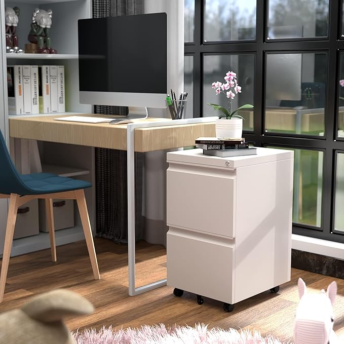 Aobabo 2 Drawer File Cabinet, Metal Filing Cabinet with Lock for Office Legal/Letter Size, White, Fully Assembled Except Wheels
