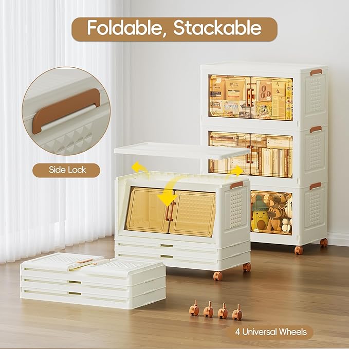 JEKO&JEKO 324 Qt Collapsible Storage Cabinets with Front-Open Doors & Wheels, 3-Pack Extra Large Stackable Plastic Organizers with Lids for Home, Bedroom & Garage Organization, Cream
