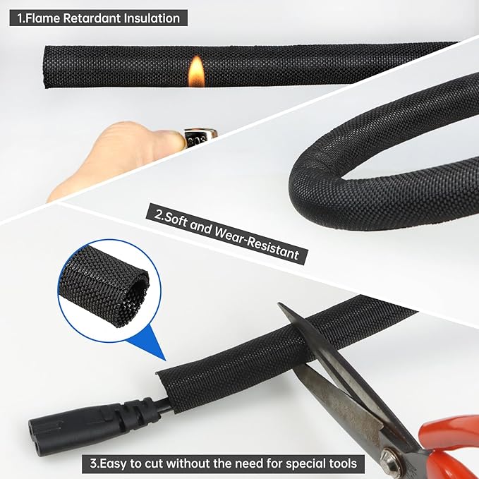Split Braided Cable Sleeve，Flexible Wire Loom Tubing, Automotive Cord Protector Pet Proof, Cable Management for Computer TV Electric Wires Harness 16ft (Black, 25mm（1")