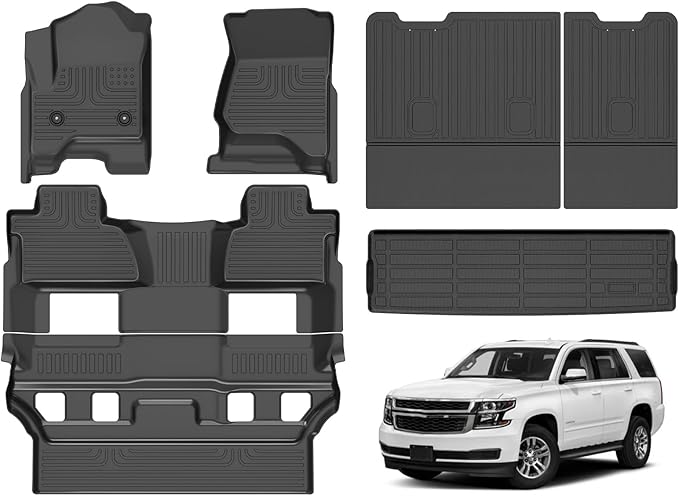 Hutisya-Floor Mats & Cargo Liner with Backrest Set Fit for Chevy Tahoe/GMC Yukon (7 Seats) 2015-2020 All Weather Protection Anti-Slip & Durable TPE Full Set Liners Automotive Accessories-Black