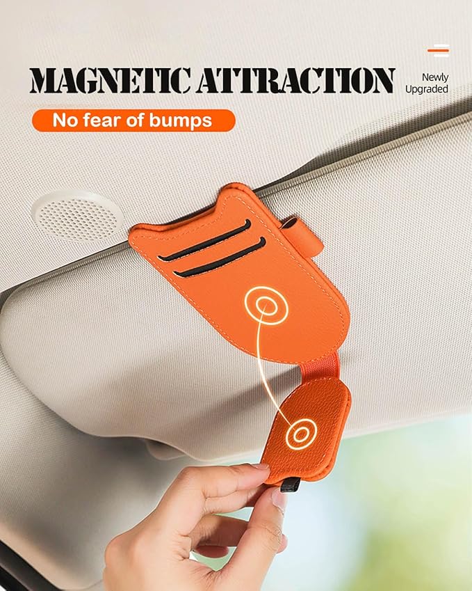 Sunglasses Holder for Car Visor, Magnetic Leather Glasses Eyeglass Clip, With Ticket and Pen Clip (Grey)