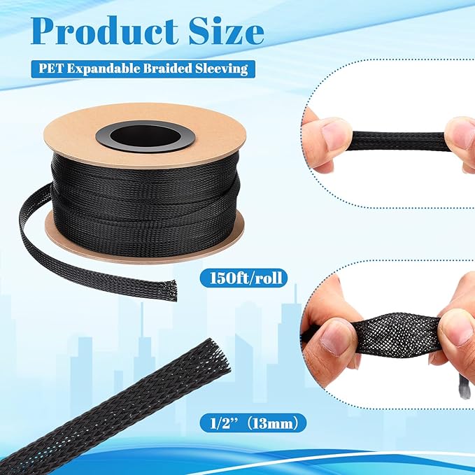 Pangda 150 Feet 1/2 Inch Wire Loom Pet Expandable Braided Sleeving Braided Sleeve for TV, Computer, Home Theater (Black)