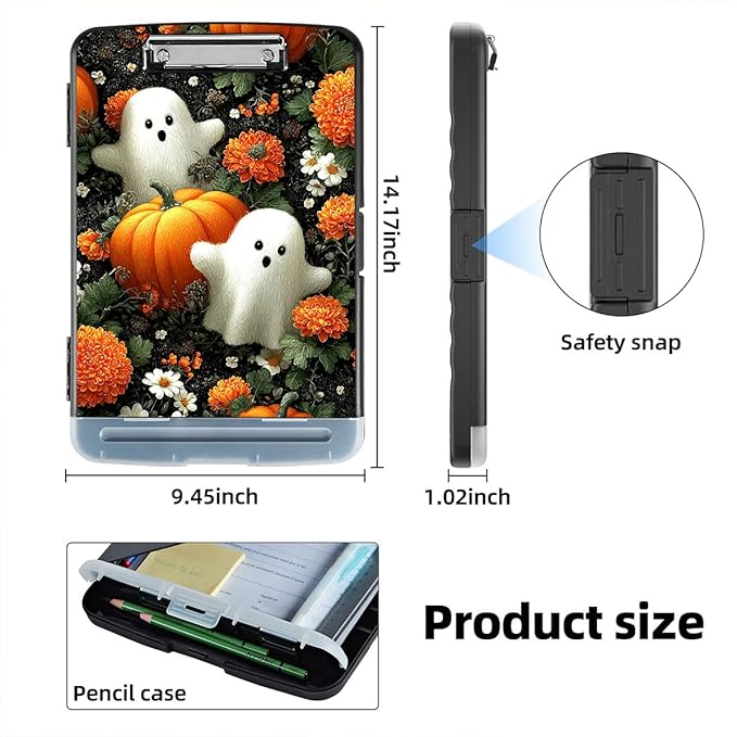 Clipboard with Storage Box & Pen Holder,Heavy Duty Clip Boards 8.5x11 for Nursing,High Capacity,School & Office Supplies,Pumpkins Ghosts