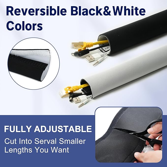 Neoprene Cable Management Sleeve 3.3ft (40 inch) - 1.5 inch, Velcro Cuttable Cord Organizer, Split Wire Loom Tubing Reversible Cord Protector for TV USB PC Ethernet Cable Hider Protect Pets Kids