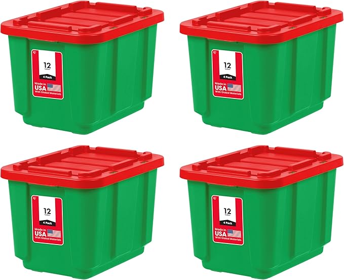 IRIS USA 4-Pack 12 Gallon Storage Bins with Lids |Made in USA| Heavy Duty Plastic Tote Containers for Holiday Organization, Large - Green/Red