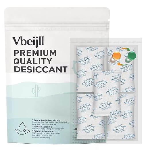 5 Gram (50 Pack) Color-Indicating Silica Gel Packets, Each 5 Pack Individually Sealed, Food Grade Desiccant - Rechargeable Moisture Absorbers for Food Storage, Electronics, 3D Filament & Safes