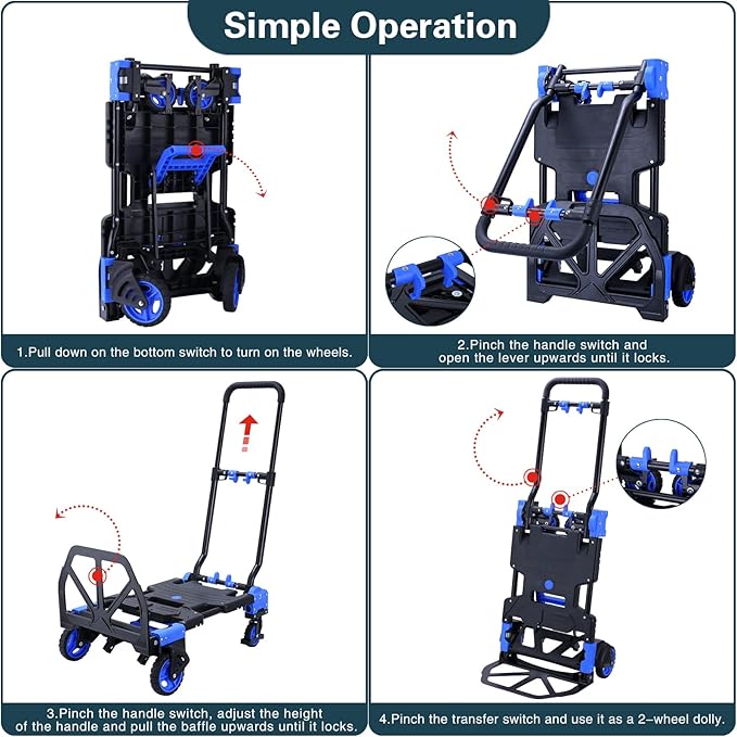 2-in-1 Hand Truck Dolly Foldable,330LB Capacity Hand Dolly,Folding Hand Cart with Retractable Handle,Hand Truck Foldable with 4 Wheels,Portable Handtruck