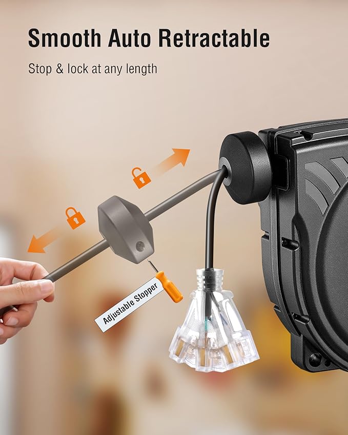 SURAIELEC 30 FT Retractable Extension Cord Reel, 16AWG SJTW Power Cord, Lighted Triple Outlets, 10A Circuit Breaker, Wall/Ceiling Mount for Garage, Workshop, ETL Listed