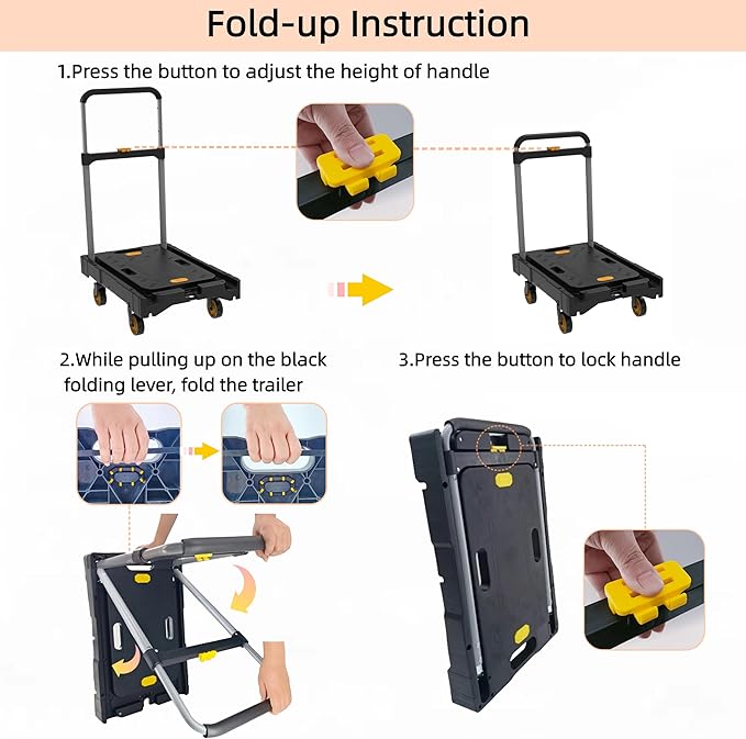 Platform Truck Folding Hand Truck 330 LB Heavy Duty Utility Dolly Flatbed Luggage Push Cart Fully Folded Compact Cart, Portable Trolley with 1 Elastic Ropes, Easy Storage & Lightweight for Moving