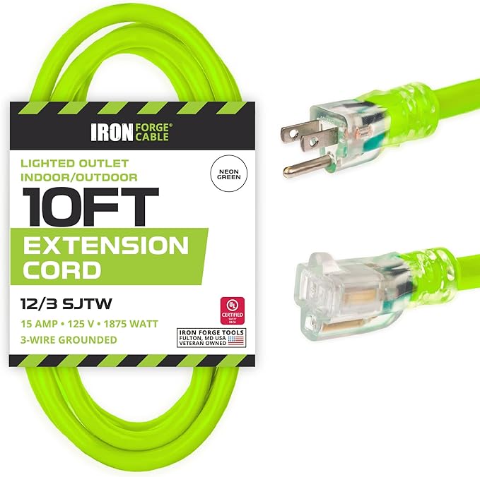 Iron Forge Cable Weatherproof 10 Ft Outdoor Extension Cord - 12/3 SJTW 15 Amp Heavy Duty Light Green High Visibility Cable with 3 Prong - Lighted End