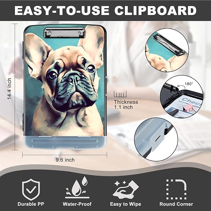 Clipboard with Storage,Heavy Duty Plastic Storage Clipboard with Low Profile Clip,Teacher Must Haves,Office Supplies,French Bulldog