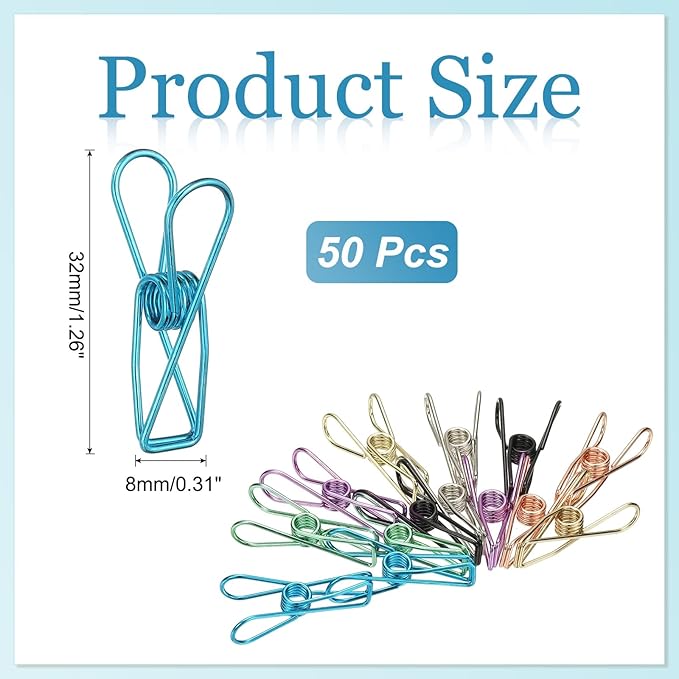 PATIKIL 50Pcs Paper Office Binder Clips, 1.26" Small Metal Wire Hollow Out Paper Clamps Long Tail Binder Clips for Photo Clothes Hanging Office Home Kitchen Food Package, Blue