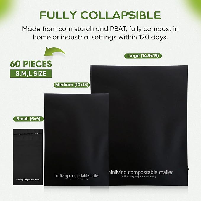Reusable Double-Sealed Mailing Bags - Multi-Size Mailers (20 Pack 6x9, 20 Pack 10x13, 20 Pack 14.9x19), Plant-Based Packaging Envelopes With Adhesive Seal - 60 Pack Starter Set