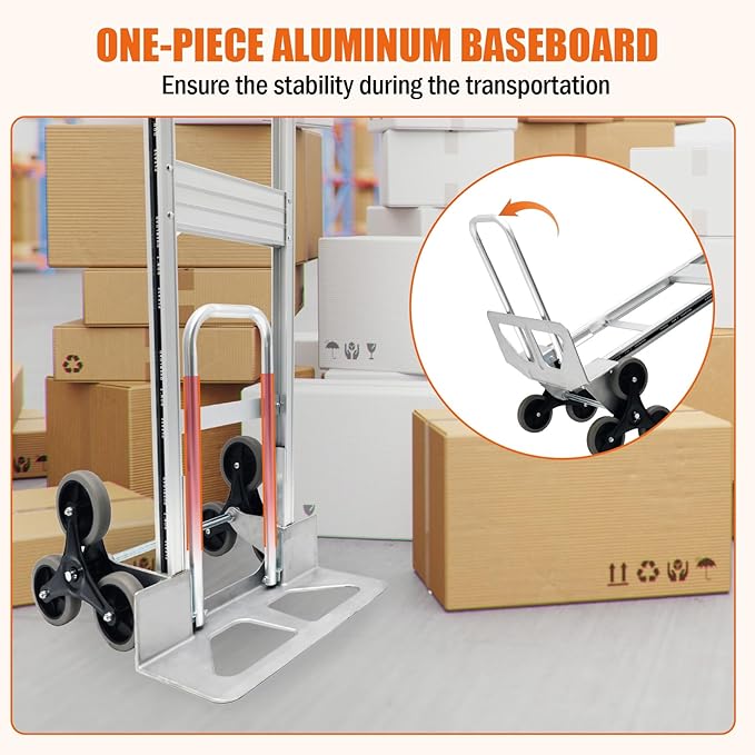 Aluminum Stair Climbing Cart, 600 lbs Capacity Stair Climber Hand Truck Dolly, 2 in 1 Heavy-Duty Trolley Cart with Dual Handles, 6 Wheels & 2 Elastic Ropes for Home Shopping Moving Warehouse