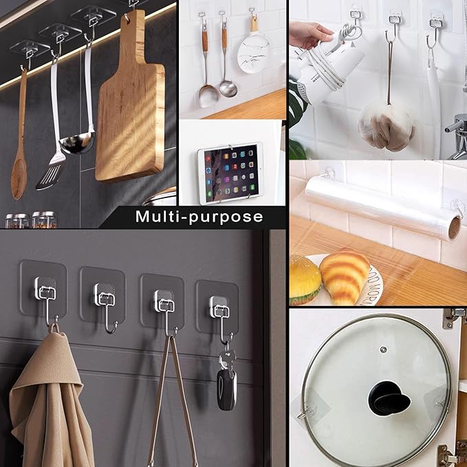 ZESLMG Large Adhesive Hooks for Hanging Wall, 12 Pack Self Sticky Hooks Heavy Duty 22lb Clear, Removable Shower Hook No Damage for Towel Key Coat Wreath Picture Outdoor Bathroom Kitchen, Waterproof