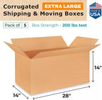 Extra Large Shipping & Moving Boxes 28 x 14 x 14 inches (5-Pack) - Extra Strength 200 lb vs Regular - Corrugated Strong Cardboard Boxes - Durable Packing - Moving Box Cardboard by IDL Packaging