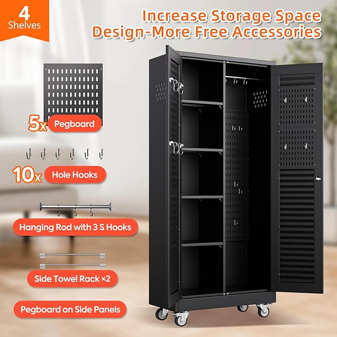 Aobabo Metal Broom Closet Storage Cabinets,Steel Mop and Broom Cabinet with Adjustable Shelves,Lock,Pegboards and Wheels,Assembly Required,Black