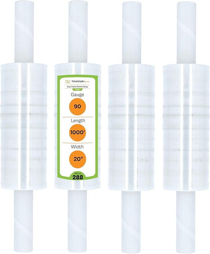 PSBM 288 Rolls 20 Inch x 1000 Feet 90 Gauge Stretch Film/Wrap with Handles, Heavy Duty Industrial Strength Clear Shrink Plastic Wrap for Moving, Packing, Shipping, Pallet Wrapping & Storage