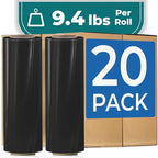 Rosmonde Bulk Black Plastic Wrap, 18" x 1500 ft, 20 Rolls Pack, 80 Gauge Heavy-Duty Pallet Shrink Wrap, True 1500 Ft, 3" Core, Puncture Resistant Stretch Wrap for Moving, Shipping & Secured Wrapping