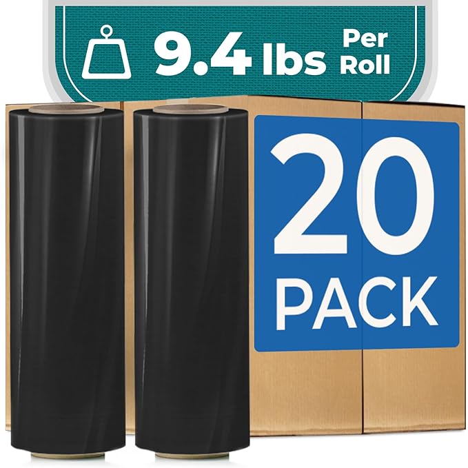 Rosmonde Bulk Black Plastic Wrap, 18" x 1500 ft, 20 Rolls Pack, 80 Gauge Heavy-Duty Pallet Shrink Wrap, True 1500 Ft, 3" Core, Puncture Resistant Stretch Wrap for Moving, Shipping & Secured Wrapping