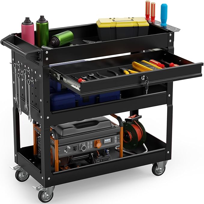 3 Tier Rolling Tool Cart on Wheels, 450 LBS Capacity Tool Cart with Drawers, Heavy Duty Rolling Utility Carts on Wheels, Rolling Tool Work Carts for Garage, Warehouse and Repair Shop,Black