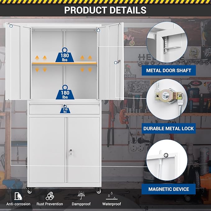 73" Metal Cabinet-White Heavy Duty Rolling Storage Cabinet Steel Tool Cabinets with Wheels, Shelves, Lockable Doors and Drawers- for Garage, Pantry, Warehouse Home Office- Assembly Required