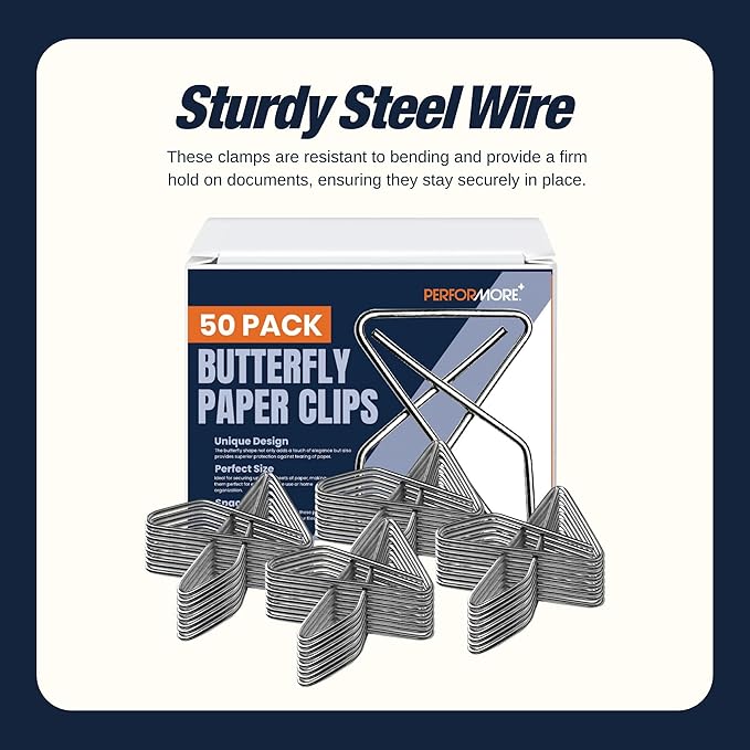 Performore Butterfly Paper Clips | 1.4mm Thick | 1.6 x 1.2 Inch | 50-Pack | Durable Metal Clips for Crafting & Sewing | Paper, Fabric & DIY Project Holders