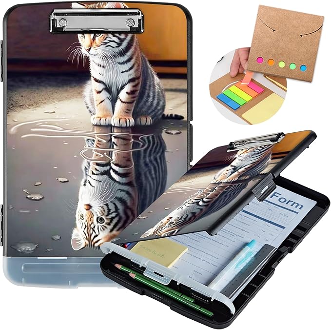 Clipboard with Storage,Heavy Duty Plastic Storage Clipboard with Low Profile Clip,Teacher Must Haves,Office Supplies,Cute Tiger