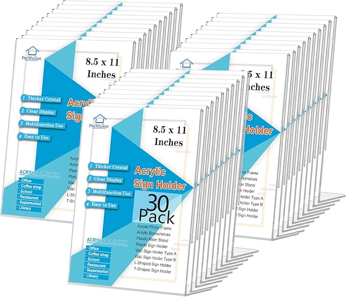 PecMuikee Slant Back Acrylic Sign Holder 8.5 x 11, Clear Picture Photo Frames Display Stand- Freestanding Tabletop Display Stand for Retail, Office, Restaurant , Flyers and Posters (30 Pcs)