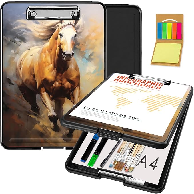 Clipboard with Storage,Office Supplies Nursing Clipboards Folder with Pen Holder Plastic Foldable Clip Board with Storage for Nurse Teacher,Galloping Horse