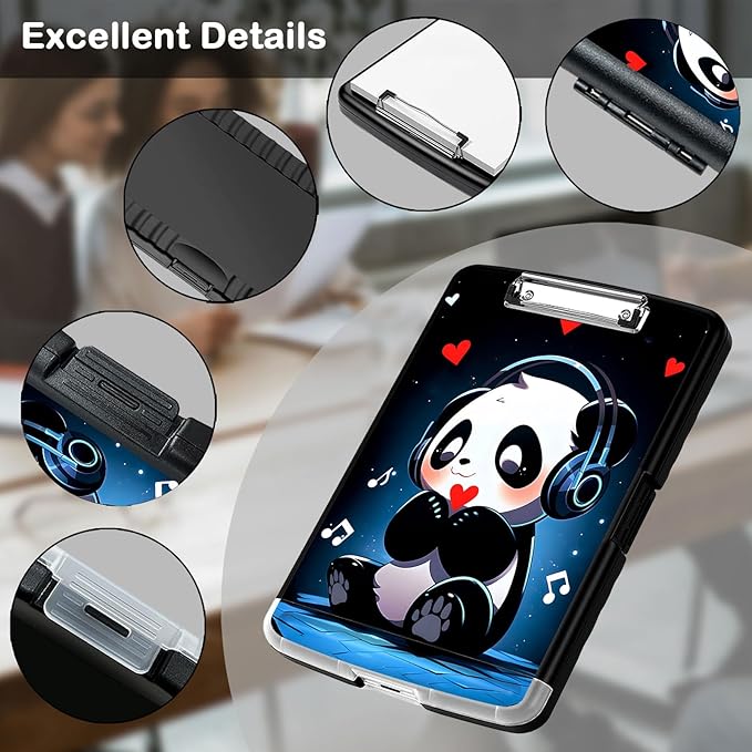 Clipboard with Storage,Office Supplies Nursing Clipboards Folder with Pen Holder Plastic Storage ClipBoard Foldable for Teacher Nurse,Cute Music Panda