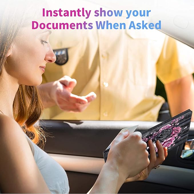 Car Registration and Insurance Holder,Leather Insurance License and Registration Card Holder for Car Glove Box, Auto Truck Document Holder Organizer for Men Women-Pink Black Rose Skull