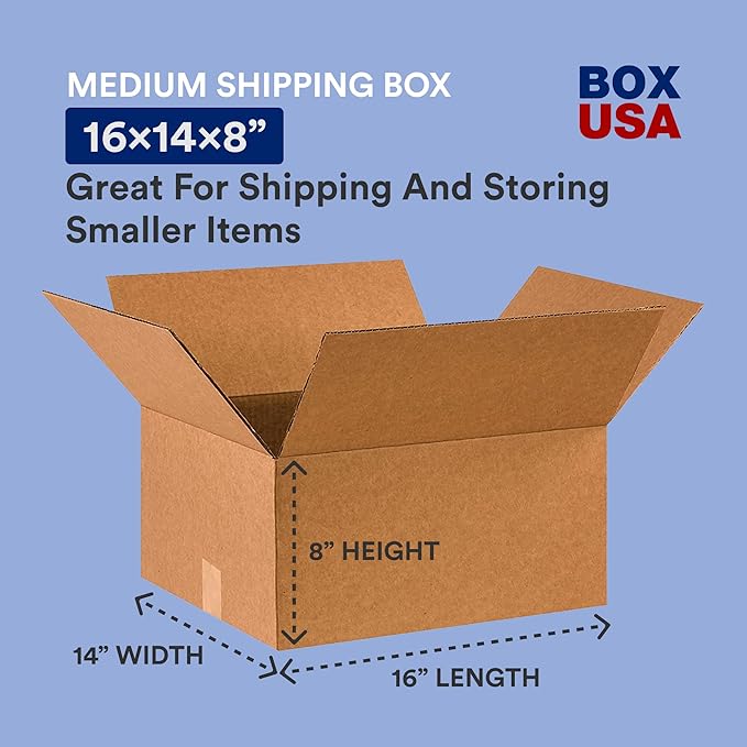 BOX USA Shipping Boxes 16"L x 14"W x 8"H, 25-Pack Medium Corrugated Cardboard Boxes for Shipping, Mailing, Packing, Packaging and Storage