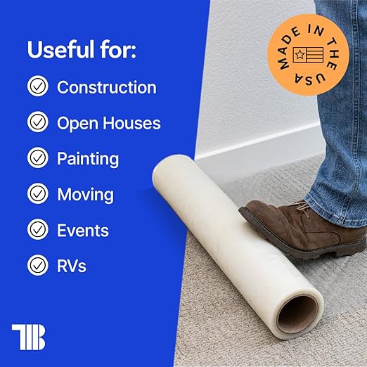 Carpet Protector Film, 36 inch x 500 feet, Made in The USA, Self Adhesive Carpet Protection Film with Easy Unwind and Clean Removal, Strong and Durable Covering for Construction